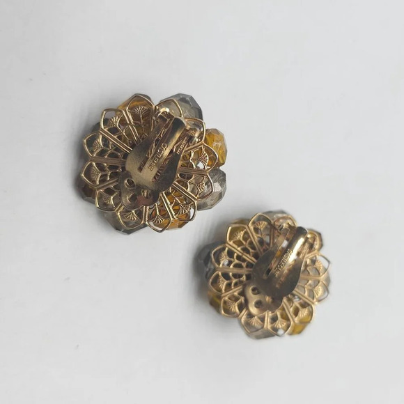 Vintage Castlecliff Amber Gray Crystal Cluster Clip-On Earrings - Picture 3 of 5